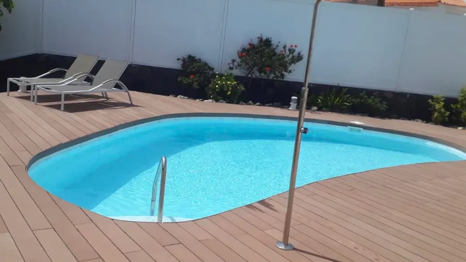 Piscina de forma libre con tarima de madera y ducha exterior